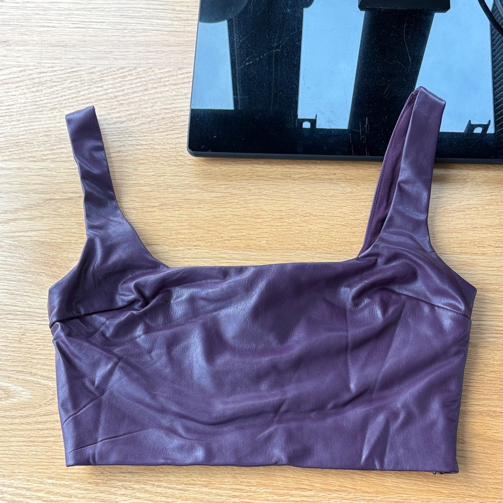 Faux Leather Purple Square Neck Crop Top